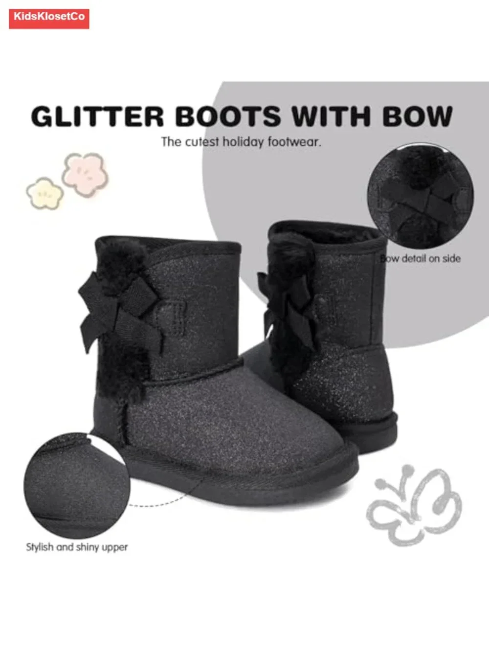 Toddler Girls Glitter Snow Boots with Cotton Lining and Cute Bow